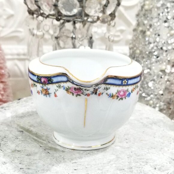 TK Thuny CARLTON Sugar Bowl & Creamer Set - Czechoslovakia Thun Roses Blue Rim - Picture 9 of 10